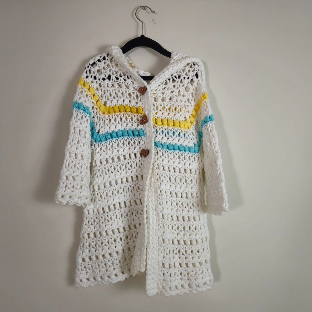 Handmade Girls Crochet Knit Cardigan Sweater Small White Hooded Girlcore